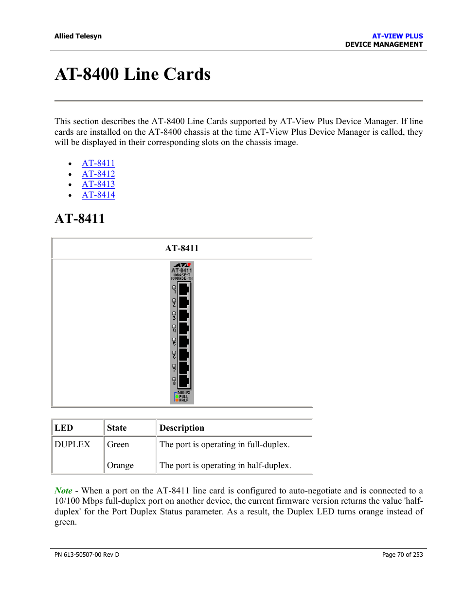 At-8400 line cards, At-8411 | Allied Telesis AT-VIEW PLUS 2.4 DEVICE MANAGEMENT User Manual | Page 70 / 253