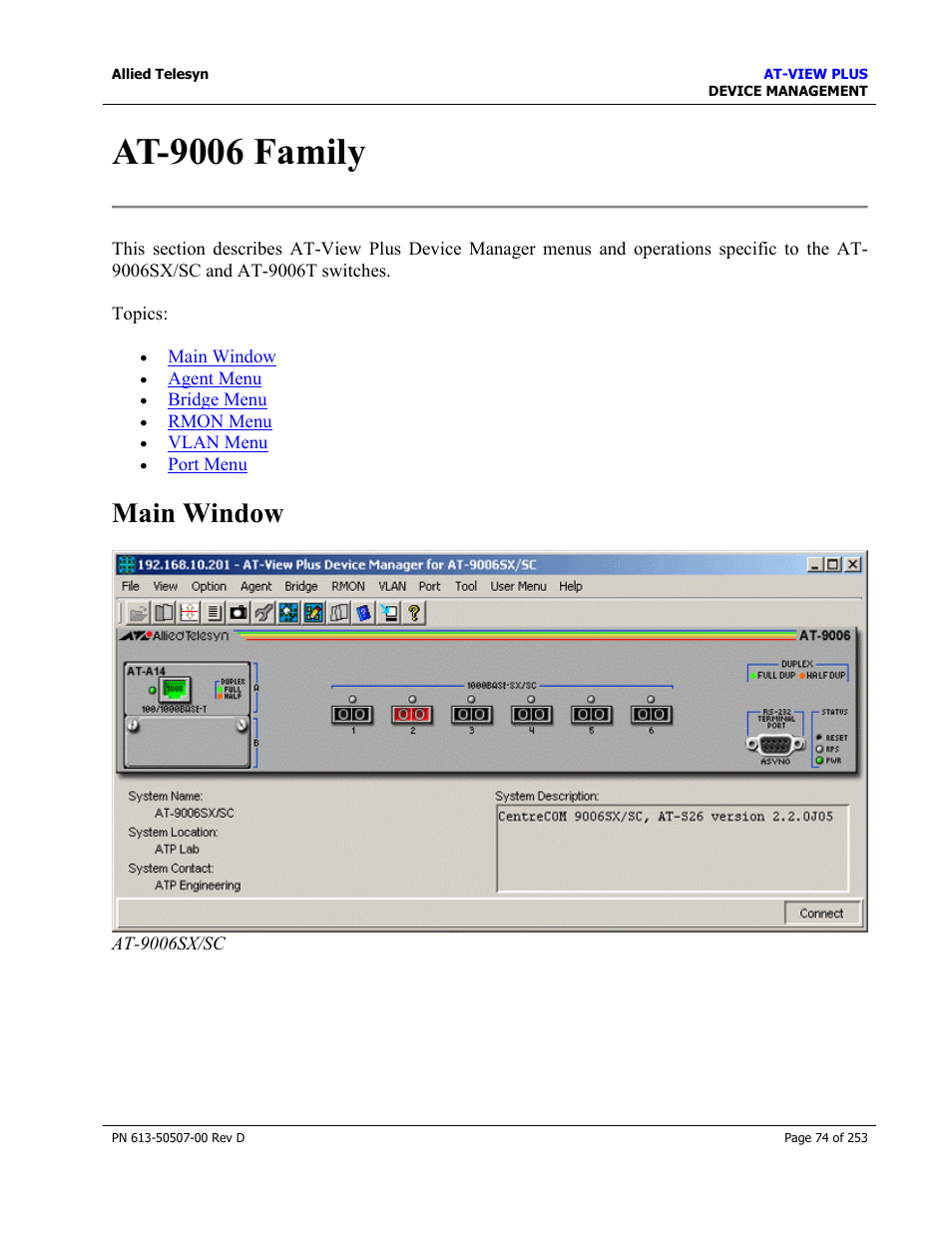 At-9006 family, Main window | Allied Telesis AT-VIEW PLUS 2.4 DEVICE MANAGEMENT User Manual | Page 74 / 253