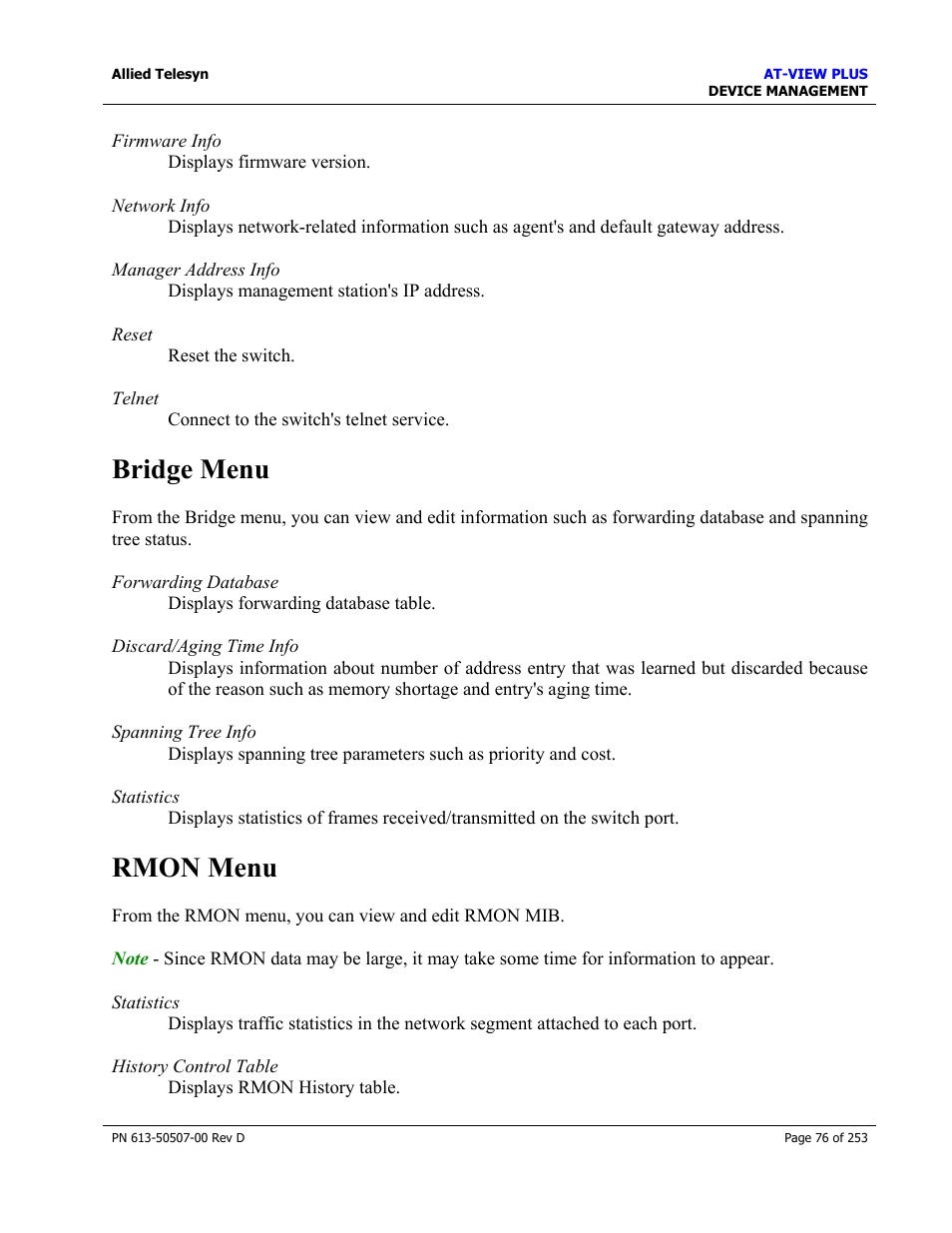 Bridge menu, Rmon menu, Bridge menu rmon menu | Allied Telesis AT-VIEW PLUS 2.4 DEVICE MANAGEMENT User Manual | Page 76 / 253