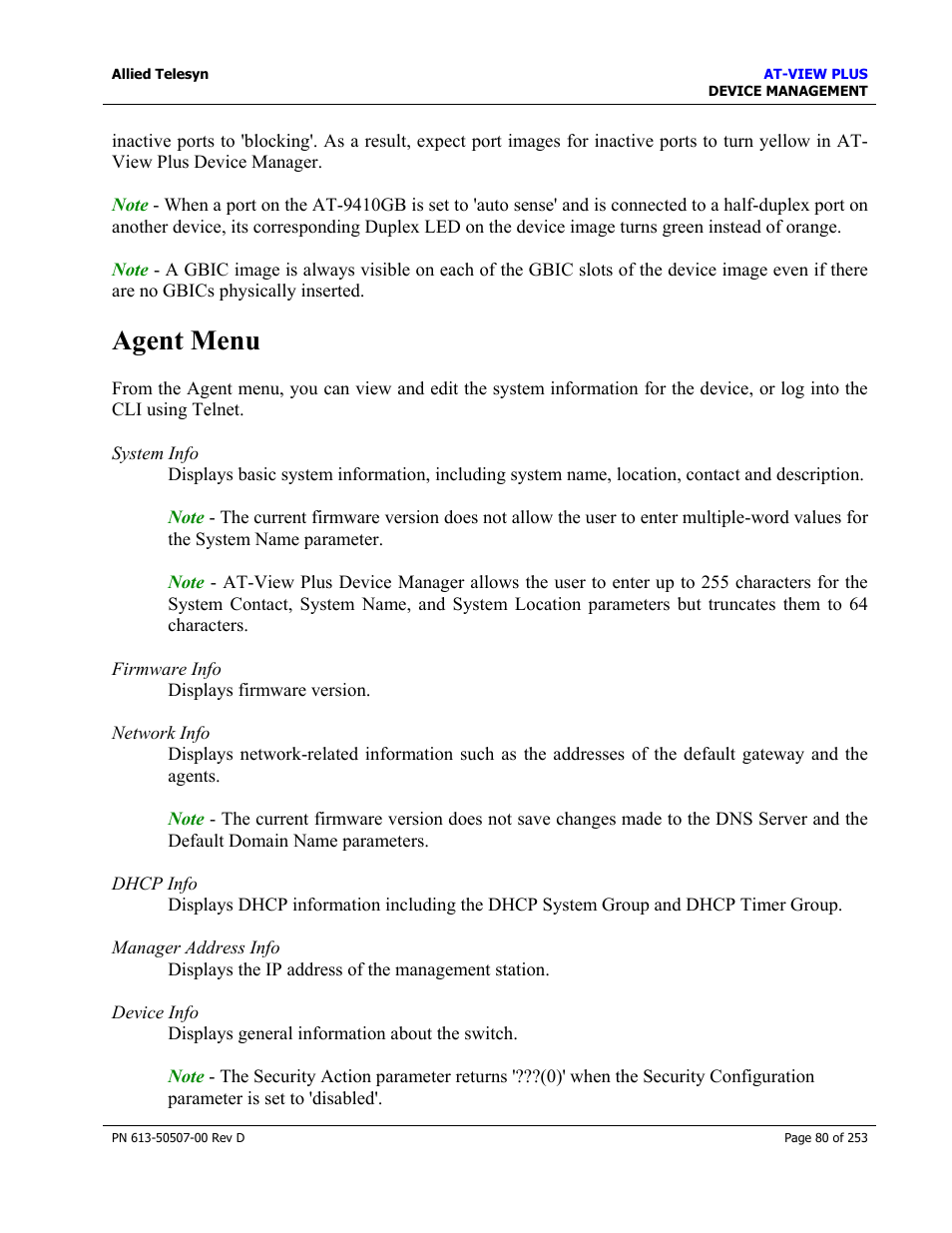 Agent menu | Allied Telesis AT-VIEW PLUS 2.4 DEVICE MANAGEMENT User Manual | Page 80 / 253