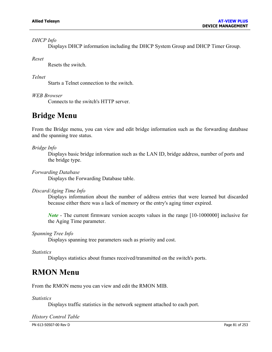 Bridge menu, Rmon menu, Bridge menu rmon menu | Allied Telesis AT-VIEW PLUS 2.4 DEVICE MANAGEMENT User Manual | Page 81 / 253