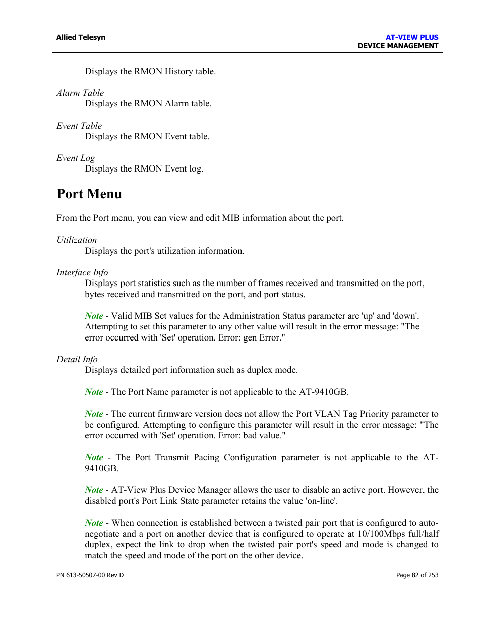 Port menu | Allied Telesis AT-VIEW PLUS 2.4 DEVICE MANAGEMENT User Manual | Page 82 / 253