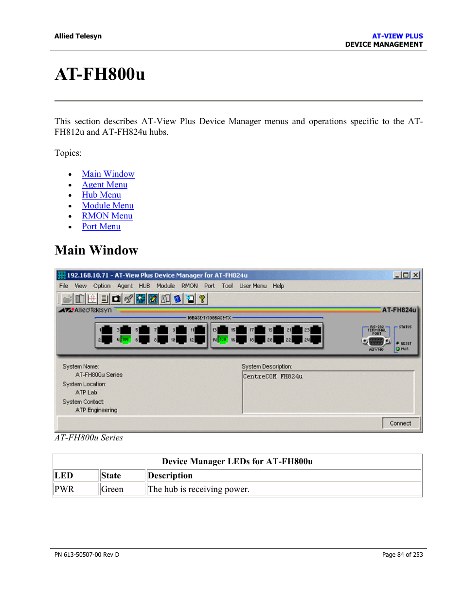 At-fh800u, Main window | Allied Telesis AT-VIEW PLUS 2.4 DEVICE MANAGEMENT User Manual | Page 84 / 253