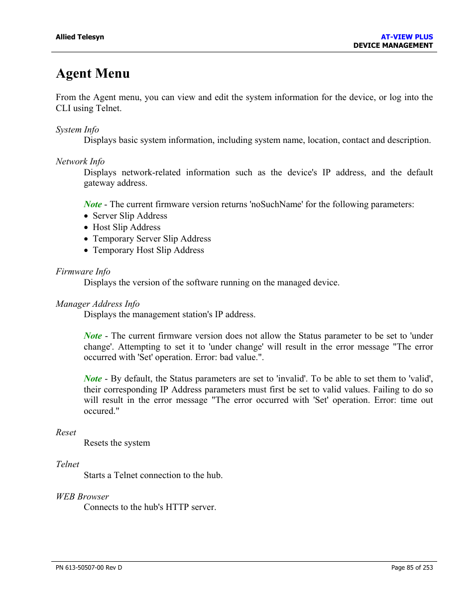 Agent menu | Allied Telesis AT-VIEW PLUS 2.4 DEVICE MANAGEMENT User Manual | Page 85 / 253