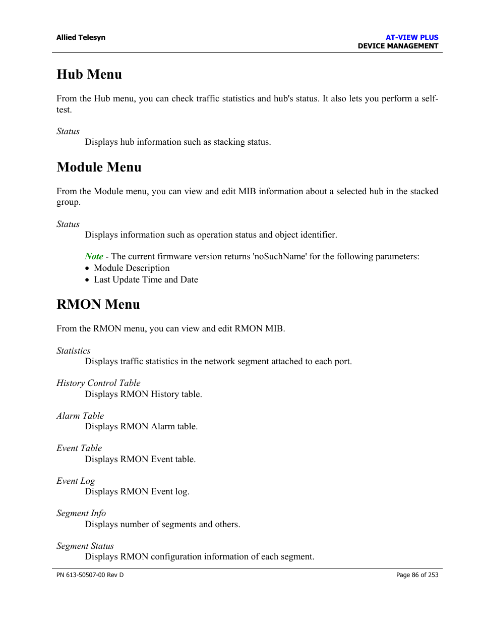 Hub menu, Module menu, Rmon menu | Hub menu module menu rmon menu | Allied Telesis AT-VIEW PLUS 2.4 DEVICE MANAGEMENT User Manual | Page 86 / 253