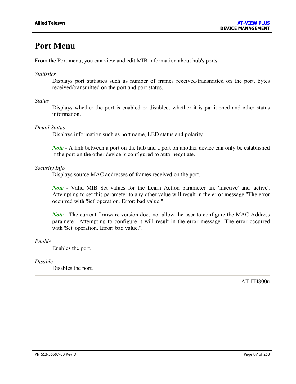 Port menu | Allied Telesis AT-VIEW PLUS 2.4 DEVICE MANAGEMENT User Manual | Page 87 / 253