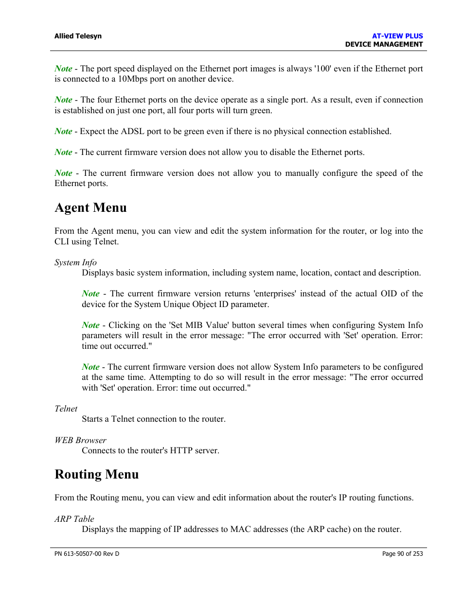 Agent menu, Routing menu, Agent menu routing menu | Allied Telesis AT-VIEW PLUS 2.4 DEVICE MANAGEMENT User Manual | Page 90 / 253