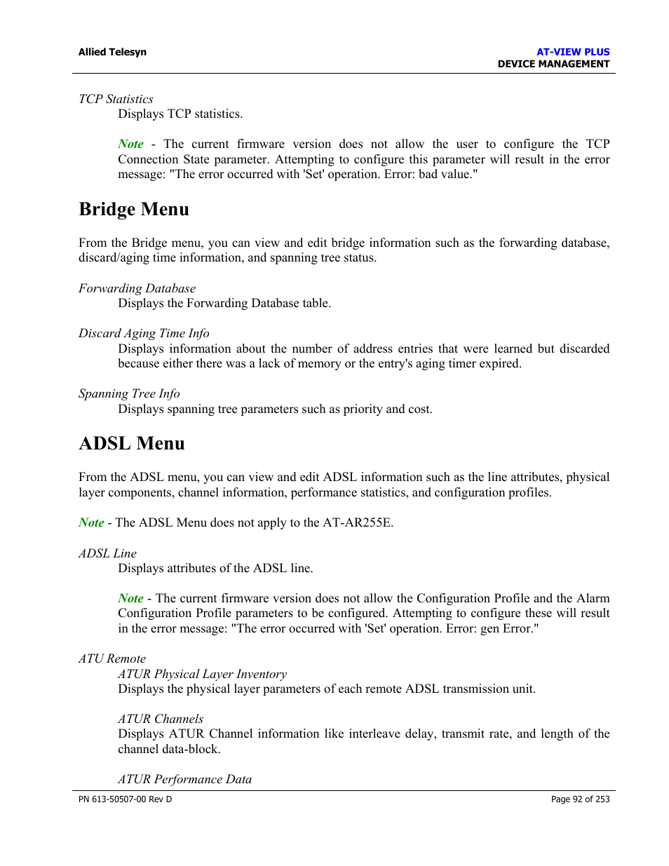 Bridge menu, Adsl menu, Bridge menu adsl menu | Allied Telesis AT-VIEW PLUS 2.4 DEVICE MANAGEMENT User Manual | Page 92 / 253