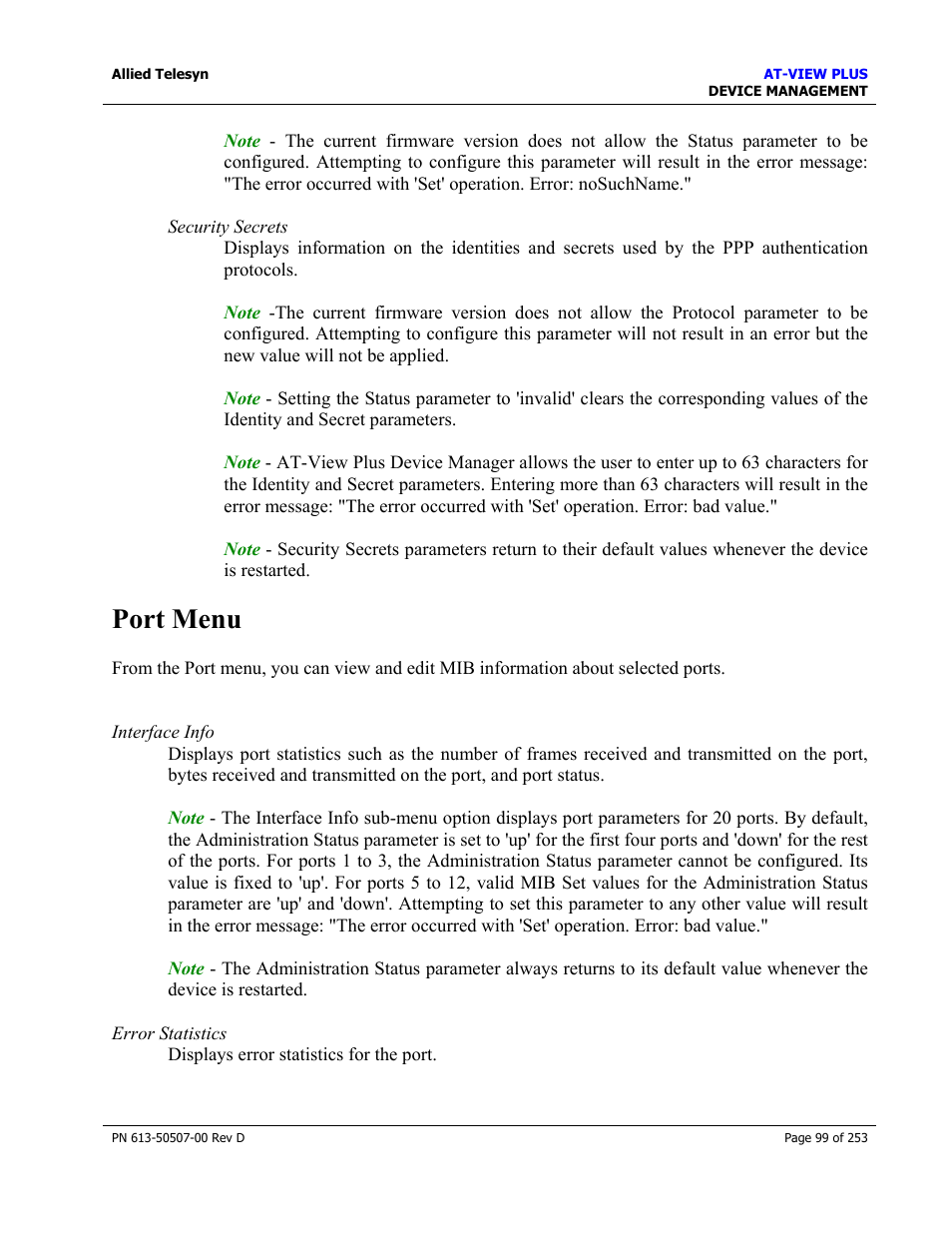 Port menu | Allied Telesis AT-VIEW PLUS 2.4 DEVICE MANAGEMENT User Manual | Page 99 / 253