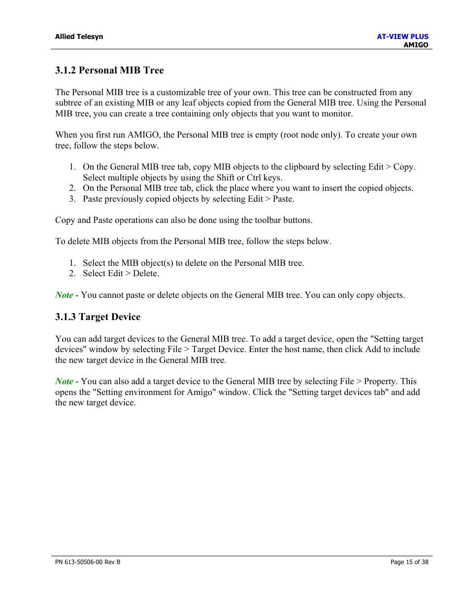 2 personal mib tree, 3 target device | Allied Telesis AT-VIEW PLUS 2.4 AMIGO User Manual | Page 15 / 38