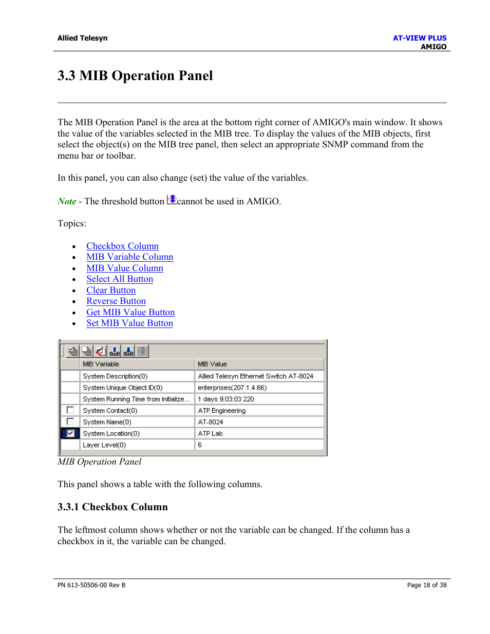 3 mib operation panel, 1 checkbox column | Allied Telesis AT-VIEW PLUS 2.4 AMIGO User Manual | Page 18 / 38