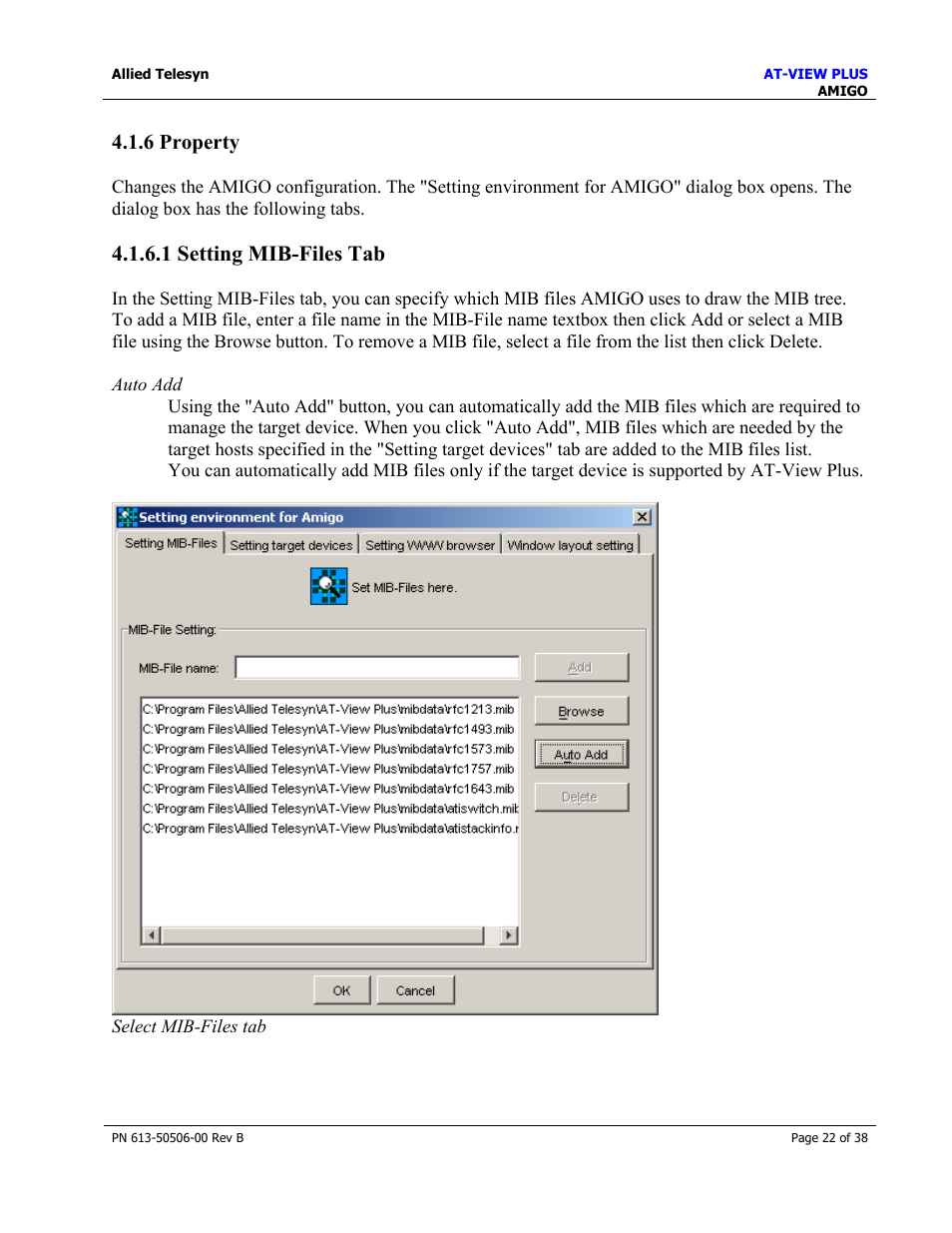 6 property, 1 setting mib-files tab | Allied Telesis AT-VIEW PLUS 2.4 AMIGO User Manual | Page 22 / 38