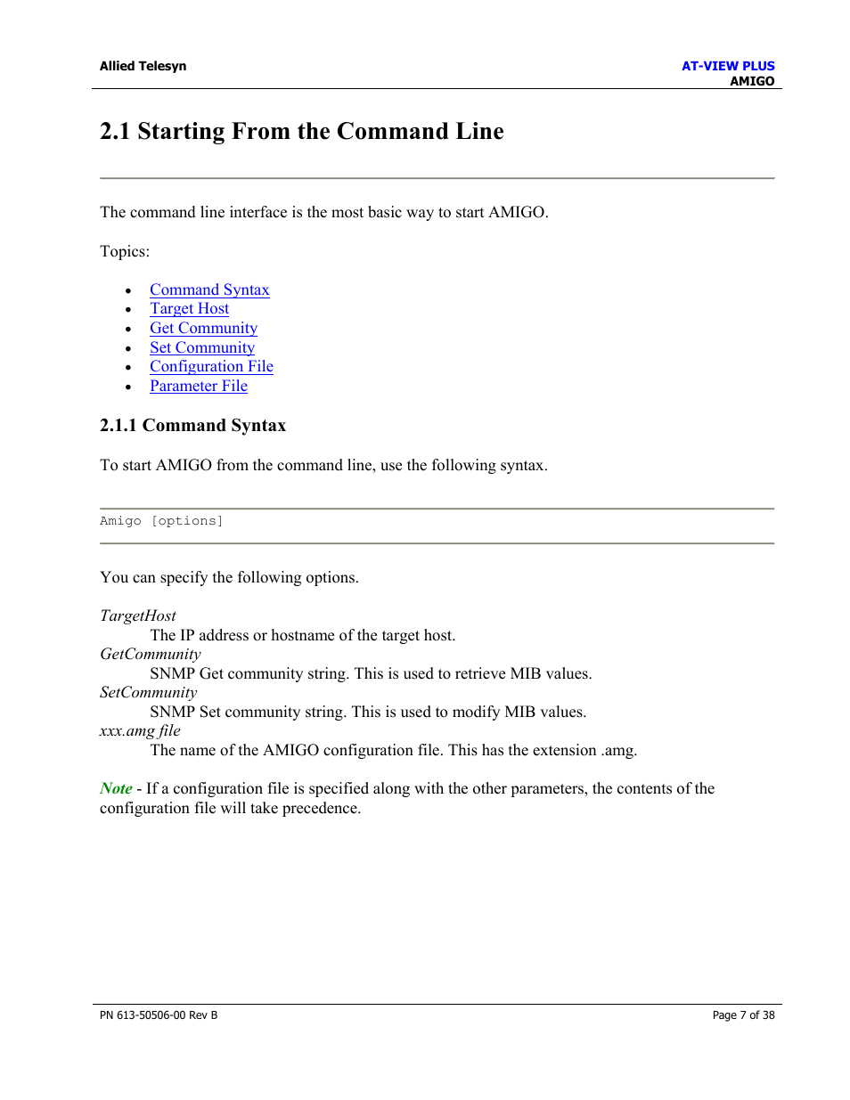 1 starting from the command line, 1 command syntax | Allied Telesis AT-VIEW PLUS 2.4 AMIGO User Manual | Page 7 / 38