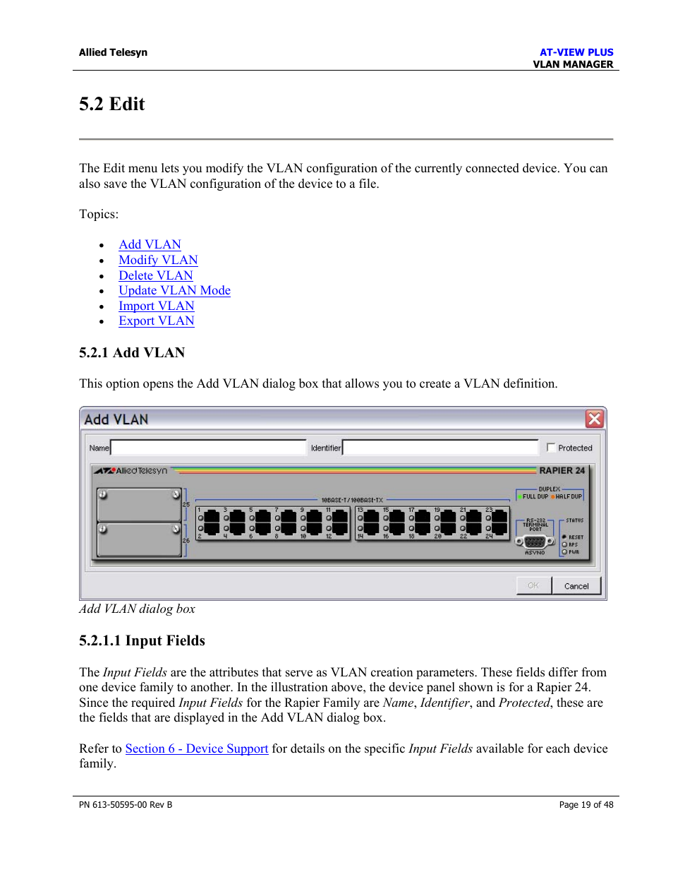 2 edit, 1 add vlan, 1 input fields | Edit | Allied Telesis AT-VIEW PLUS 2.4 VLAN MANAGER User Manual | Page 19 / 48