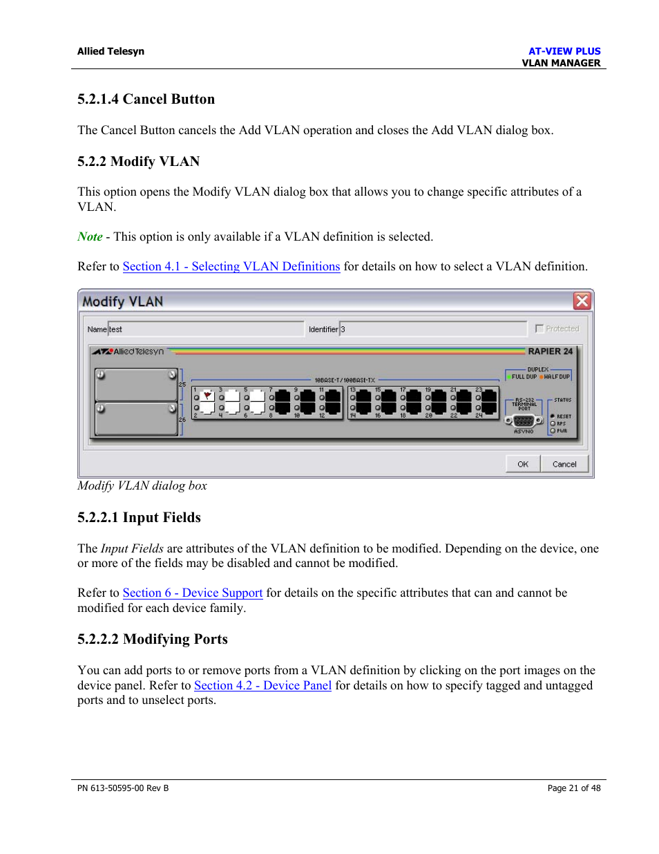 4 cancel button, 2 modify vlan, 1 input fields | 2 modifying ports, Modify vlan | Allied Telesis AT-VIEW PLUS 2.4 VLAN MANAGER User Manual | Page 21 / 48