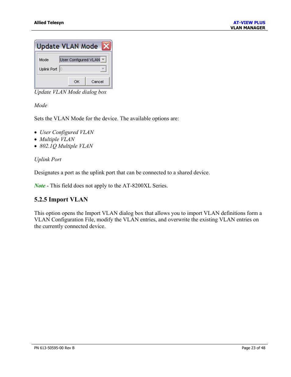 5 import vlan, Import vlan | Allied Telesis AT-VIEW PLUS 2.4 VLAN MANAGER User Manual | Page 23 / 48