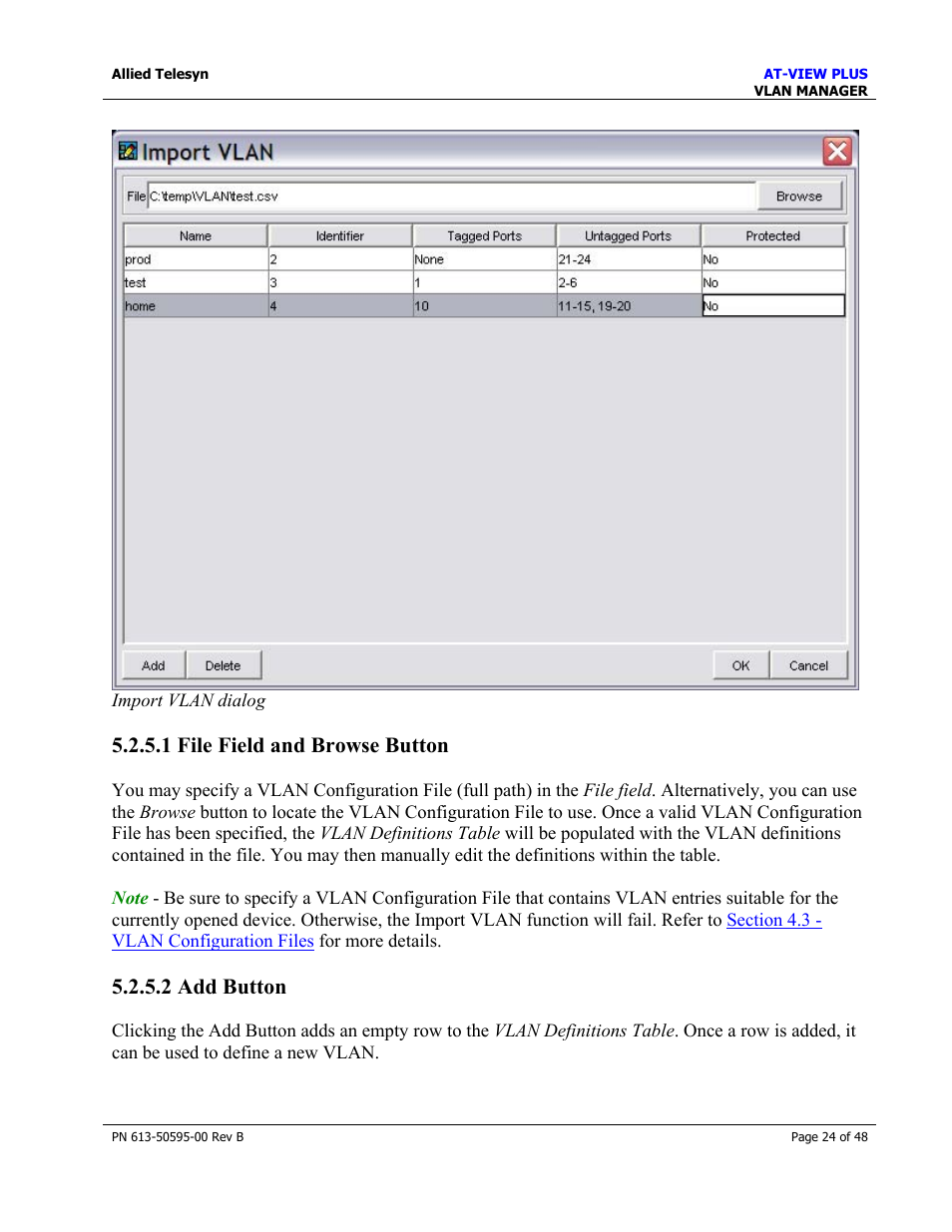 1 file field and browse button, 2 add button | Allied Telesis AT-VIEW PLUS 2.4 VLAN MANAGER User Manual | Page 24 / 48