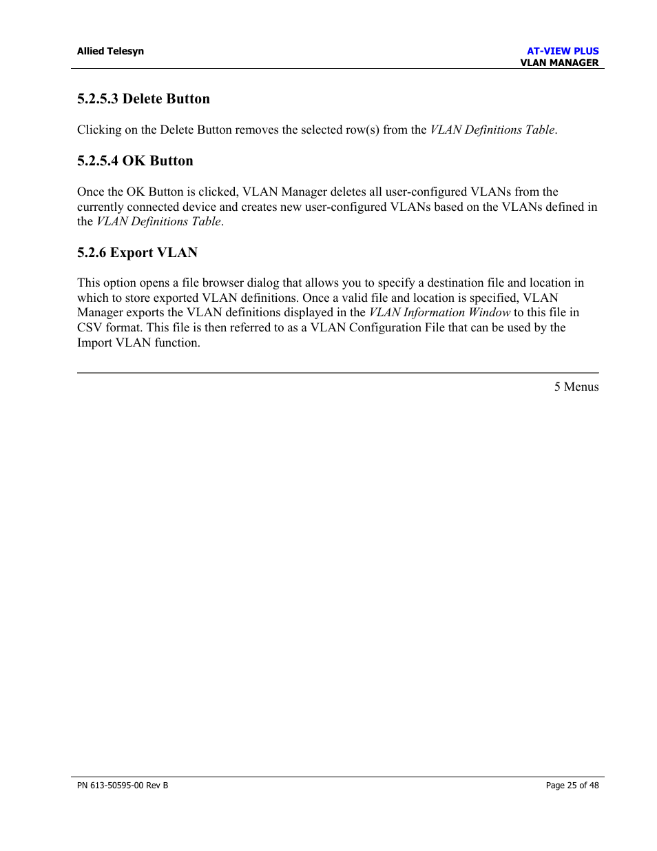 3 delete button, 4 ok button, 6 export vlan | Export vlan | Allied Telesis AT-VIEW PLUS 2.4 VLAN MANAGER User Manual | Page 25 / 48