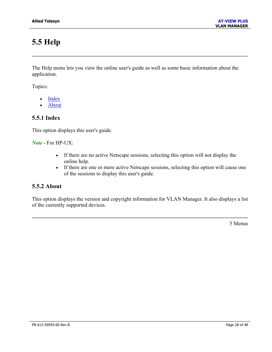 5 help, 1 index, 2 about | 1 index 5.5.2 about, Help | Allied Telesis AT-VIEW PLUS 2.4 VLAN MANAGER User Manual | Page 28 / 48