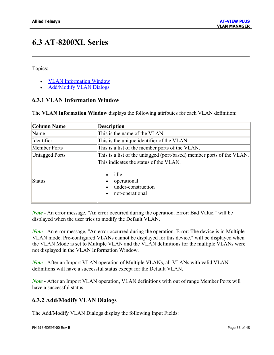 3 at-8200xl series, 1 vlan information window, 2 add/modify vlan dialogs | At-8200xl series | Allied Telesis AT-VIEW PLUS 2.4 VLAN MANAGER User Manual | Page 33 / 48