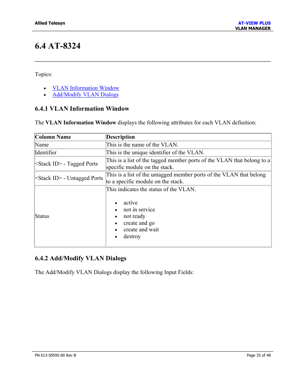 4 at-8324, 1 vlan information window, 2 add/modify vlan dialogs | At-8324 | Allied Telesis AT-VIEW PLUS 2.4 VLAN MANAGER User Manual | Page 35 / 48