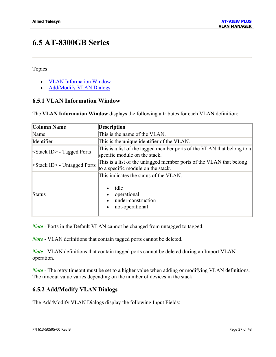 5 at-8300gb series, 1 vlan information window, 2 add/modify vlan dialogs | At-8300gb series | Allied Telesis AT-VIEW PLUS 2.4 VLAN MANAGER User Manual | Page 37 / 48