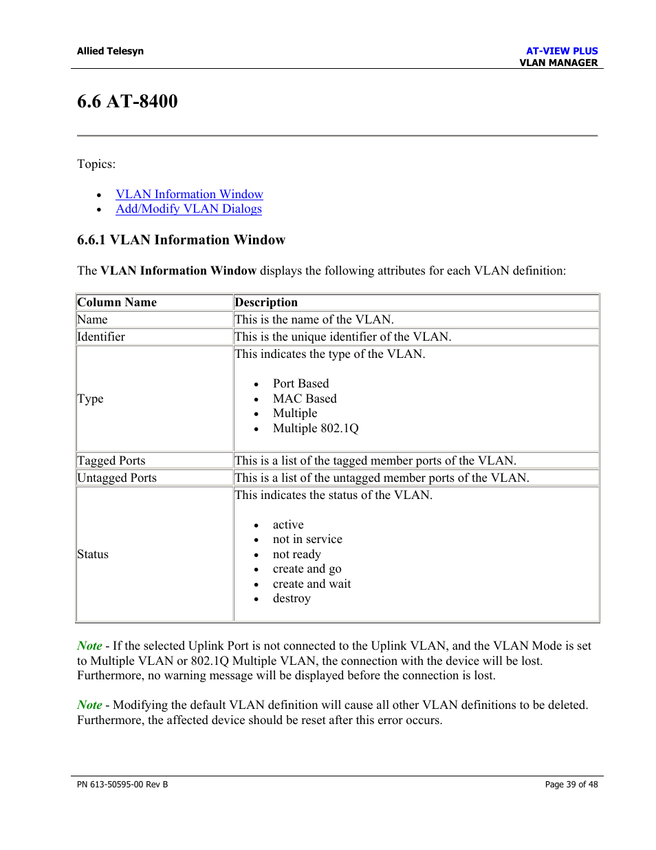 6 at-8400, 1 vlan information window, At-8400 | Allied Telesis AT-VIEW PLUS 2.4 VLAN MANAGER User Manual | Page 39 / 48