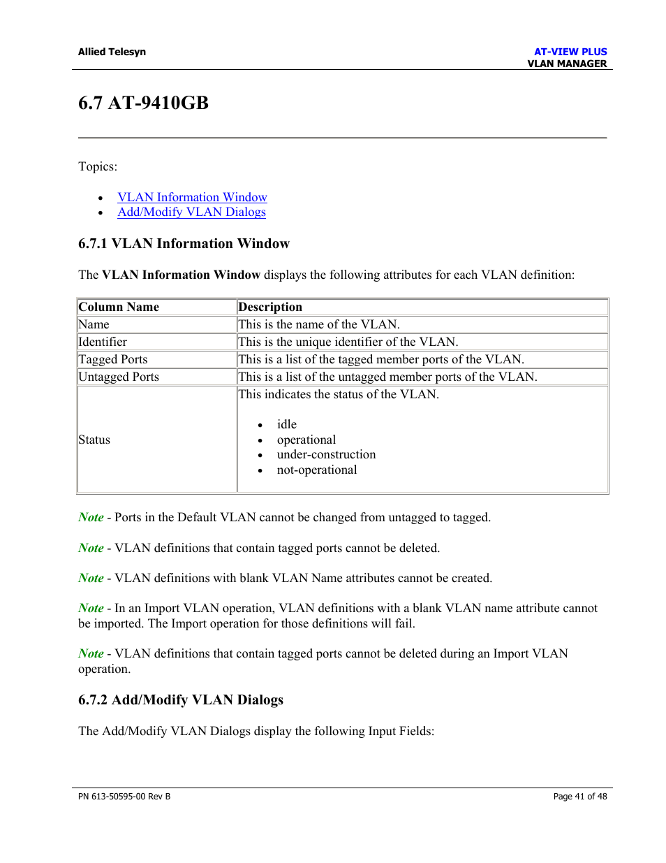 7 at-9410gb, 1 vlan information window, 2 add/modify vlan dialogs | At-9410gb | Allied Telesis AT-VIEW PLUS 2.4 VLAN MANAGER User Manual | Page 41 / 48