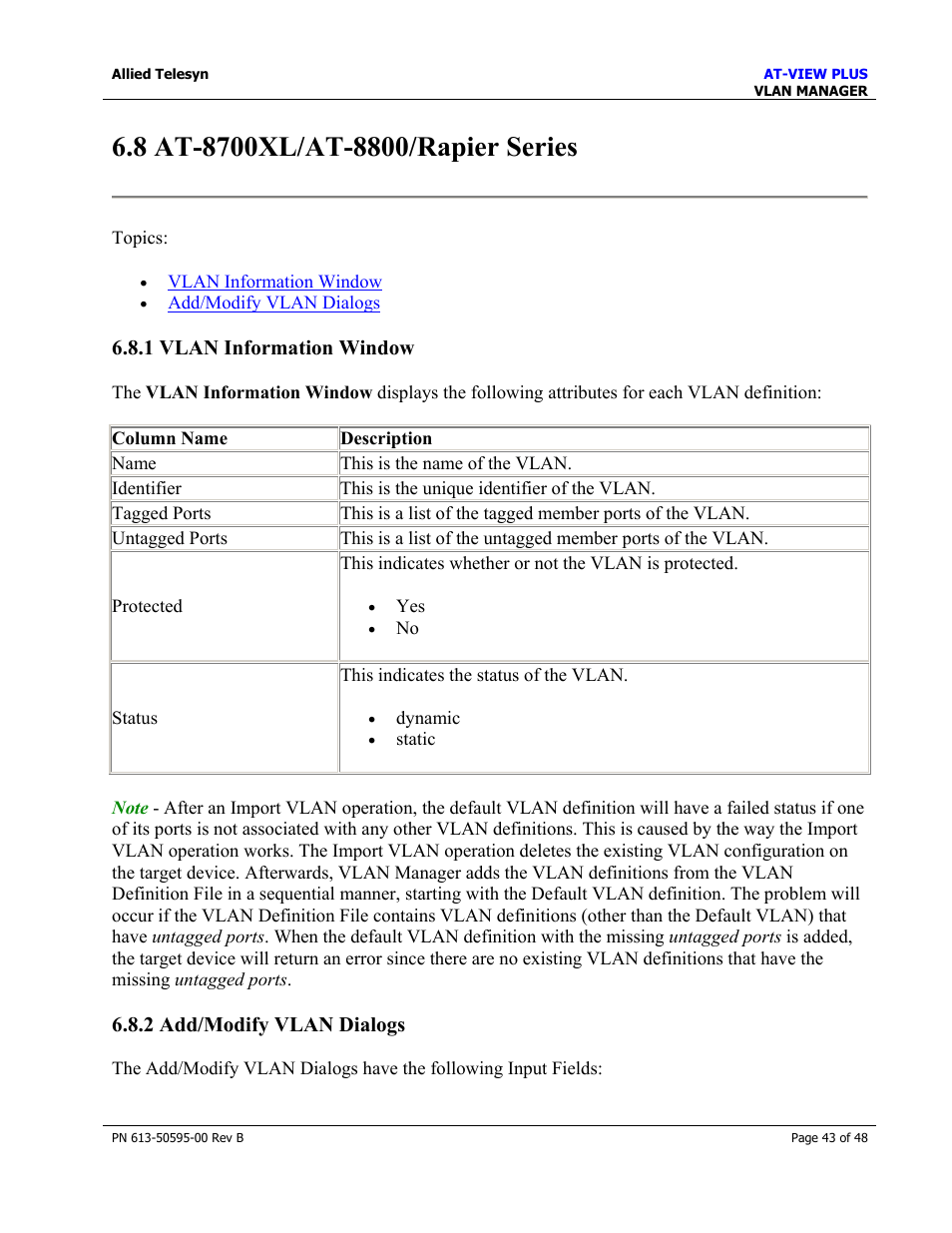 8 at-8700xl/at-8800/rapier series, 1 vlan information window, 2 add/modify vlan dialogs | At-8700xl/at-8800/rapier series | Allied Telesis AT-VIEW PLUS 2.4 VLAN MANAGER User Manual | Page 43 / 48