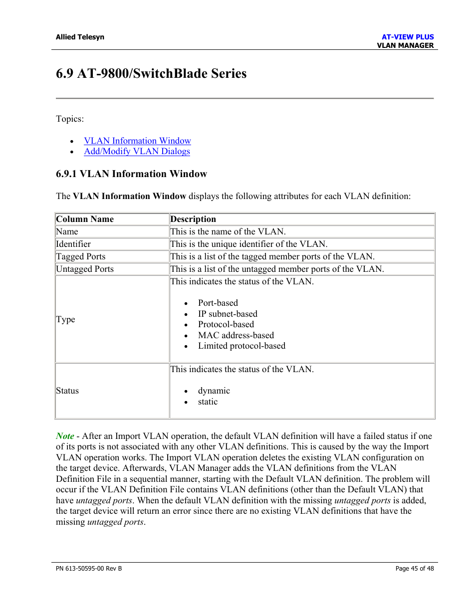 9 at-9800/switchblade series, 1 vlan information window, At-9800/switchblade series | Allied Telesis AT-VIEW PLUS 2.4 VLAN MANAGER User Manual | Page 45 / 48