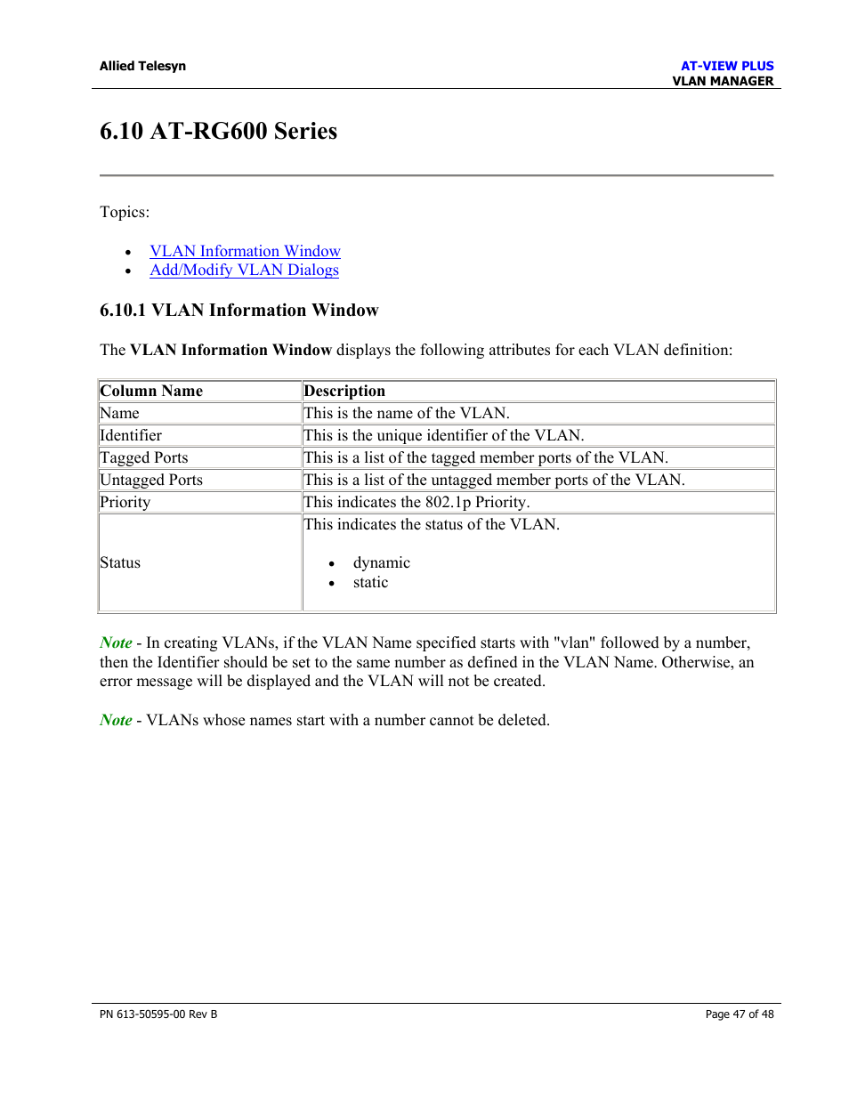 10 at-rg600 series, 1 vlan information window, At-rg600 series | Allied Telesis AT-VIEW PLUS 2.4 VLAN MANAGER User Manual | Page 47 / 48