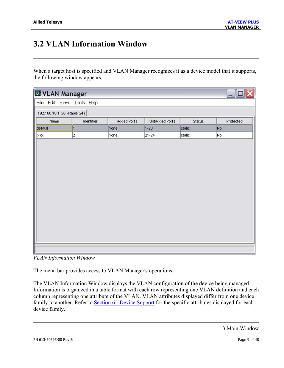 2 vlan information window | Allied Telesis AT-VIEW PLUS 2.4 VLAN MANAGER User Manual | Page 9 / 48