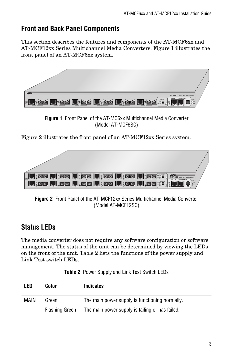 Front and back panel components, Status leds, Front and back panel components status leds | At-mcf6xx and at-mcf12xx installation guide 3 | Allied Telesis AT-MCF12VF, SM User Manual | Page 11 / 48