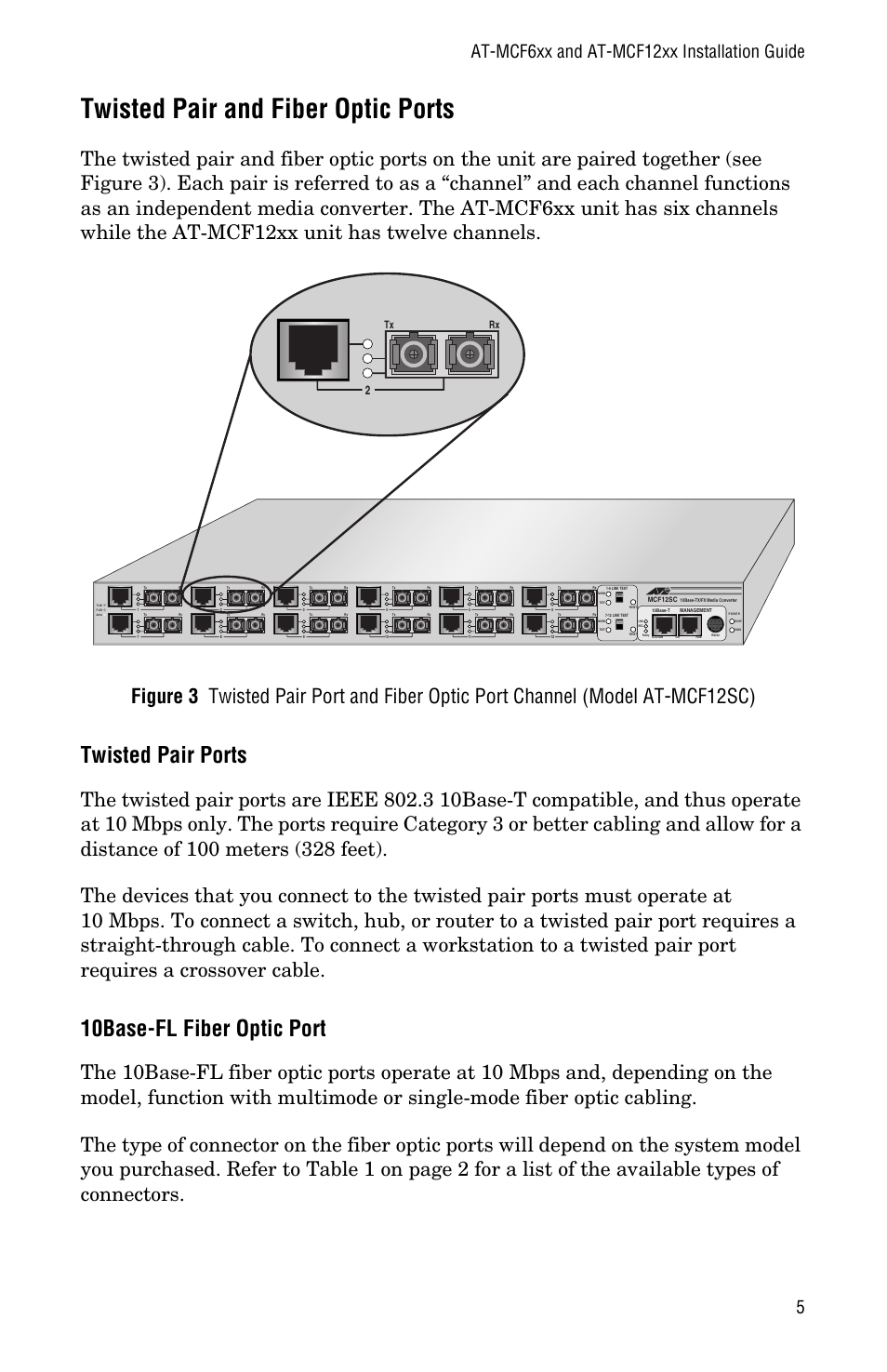 Twisted pair and fiber optic ports, Twisted pair ports, 10base-fl fiber optic port | Twisted pair ports 10base-fl fiber optic port, At-mcf6xx and at-mcf12xx installation guide 5, Tx rx | Allied Telesis AT-MCF12VF, SM User Manual | Page 13 / 48