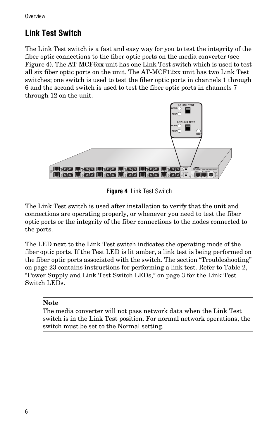 Link test switch, Overview 6 | Allied Telesis AT-MCF12VF, SM User Manual | Page 14 / 48