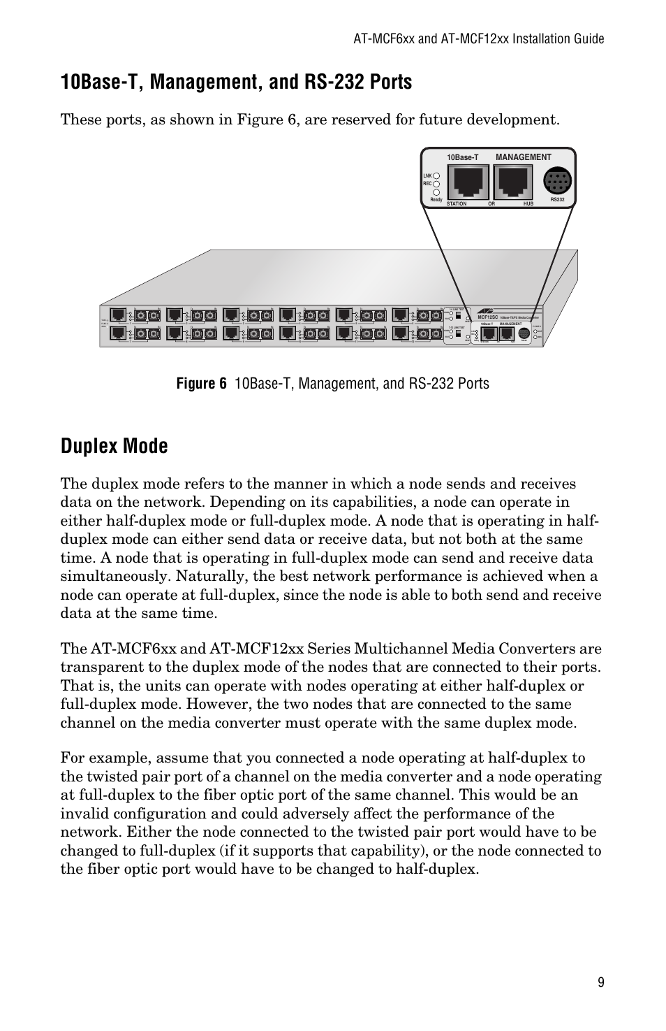 10base-t, management, and rs-232 ports, Duplex mode, 10base-t, management, and rs-232 ports duplex mode | At-mcf6xx and at-mcf12xx installation guide 9, Management, 10base-t | Allied Telesis AT-MCF12VF, SM User Manual | Page 17 / 48
