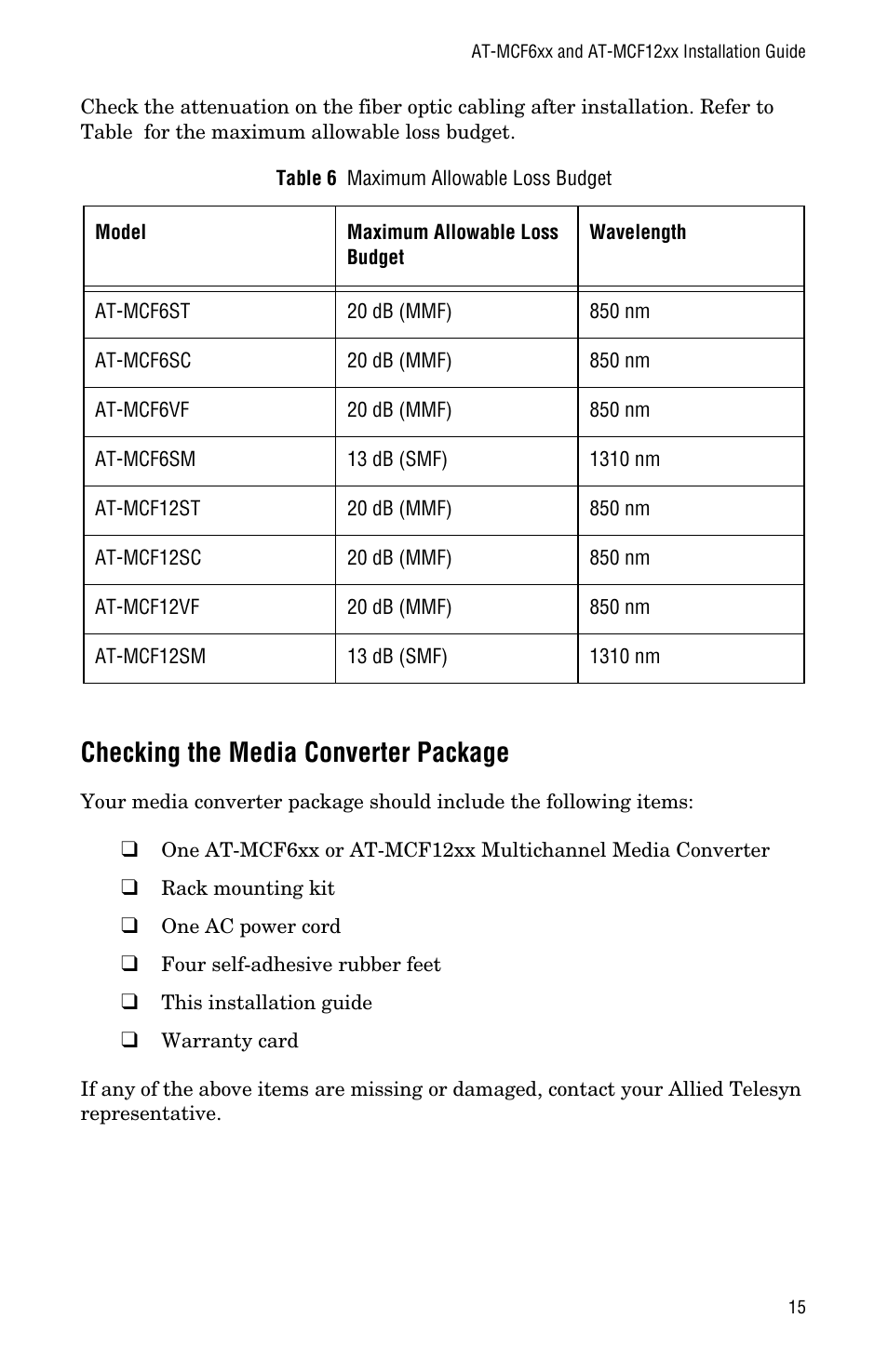 Checking the media converter package | Allied Telesis AT-MCF12VF, SM User Manual | Page 23 / 48