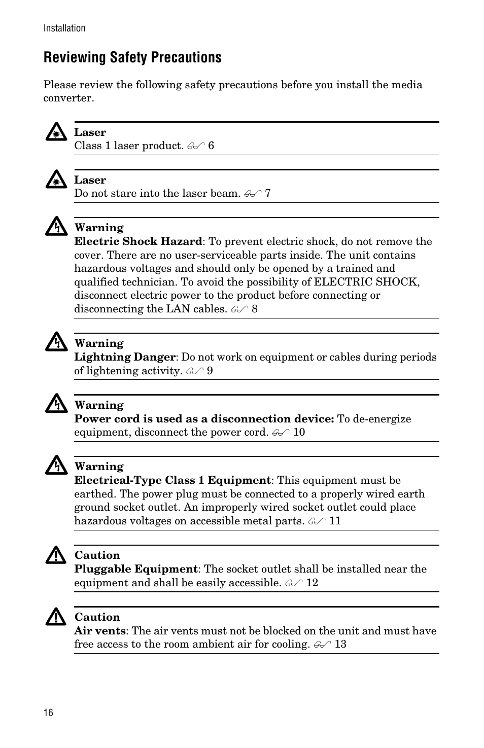 Reviewing safety precautions | Allied Telesis AT-MCF12VF, SM User Manual | Page 24 / 48