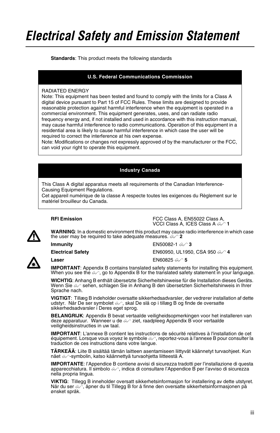 Electrical safety and emission statement | Allied Telesis AT-MCF12VF, SM User Manual | Page 3 / 48