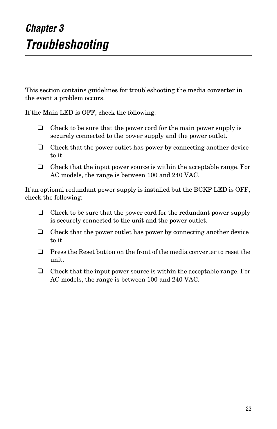 Chapter 3, Troubleshooting | Allied Telesis AT-MCF12VF, SM User Manual | Page 31 / 48