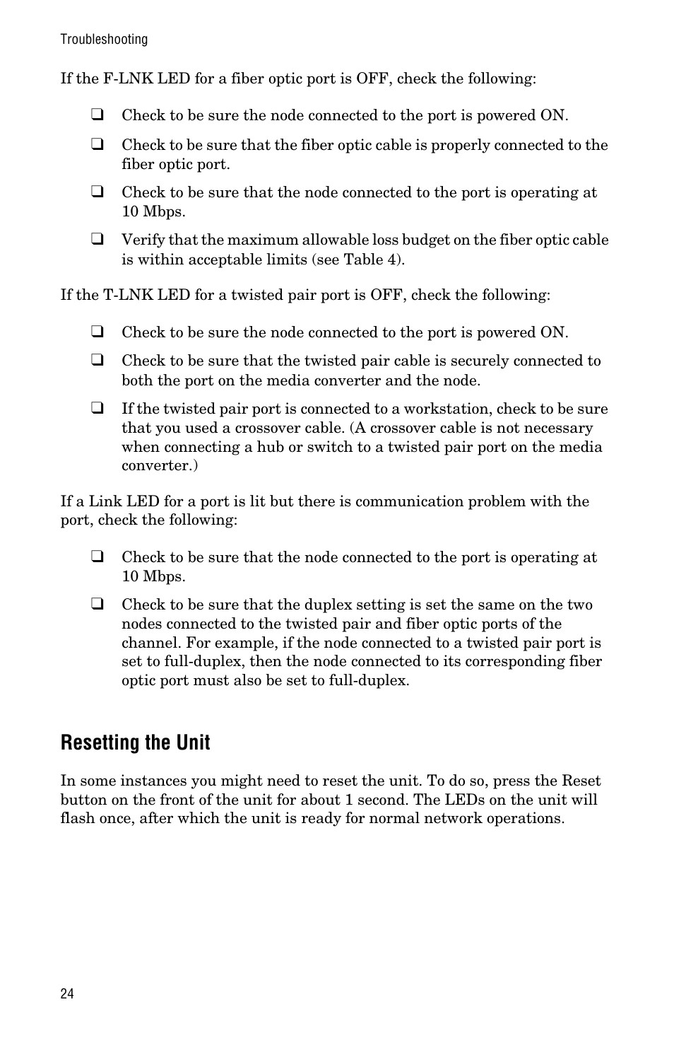 Resetting the unit | Allied Telesis AT-MCF12VF, SM User Manual | Page 32 / 48