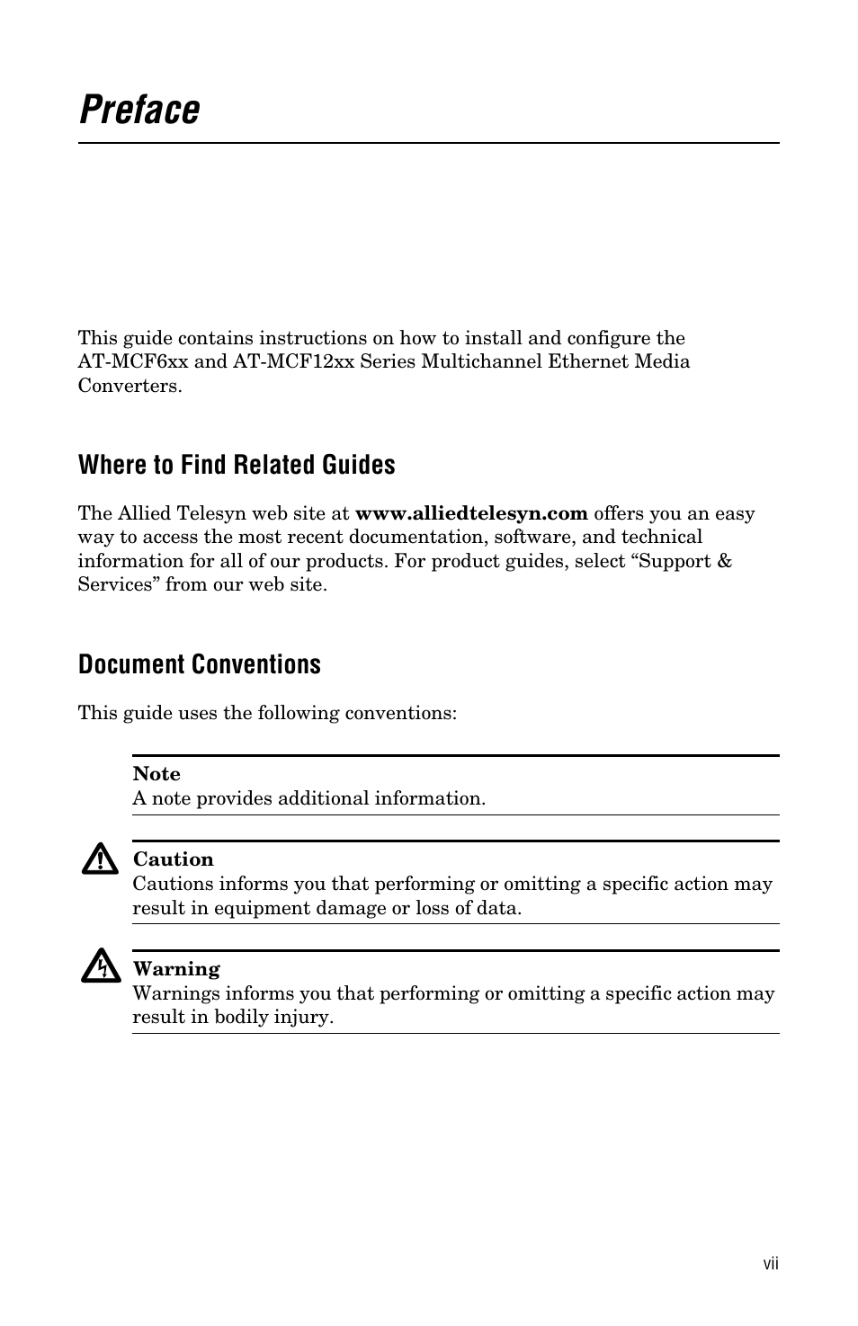 Preface, Where to find related guides, Document conventions | Allied Telesis AT-MCF12VF, SM User Manual | Page 7 / 48