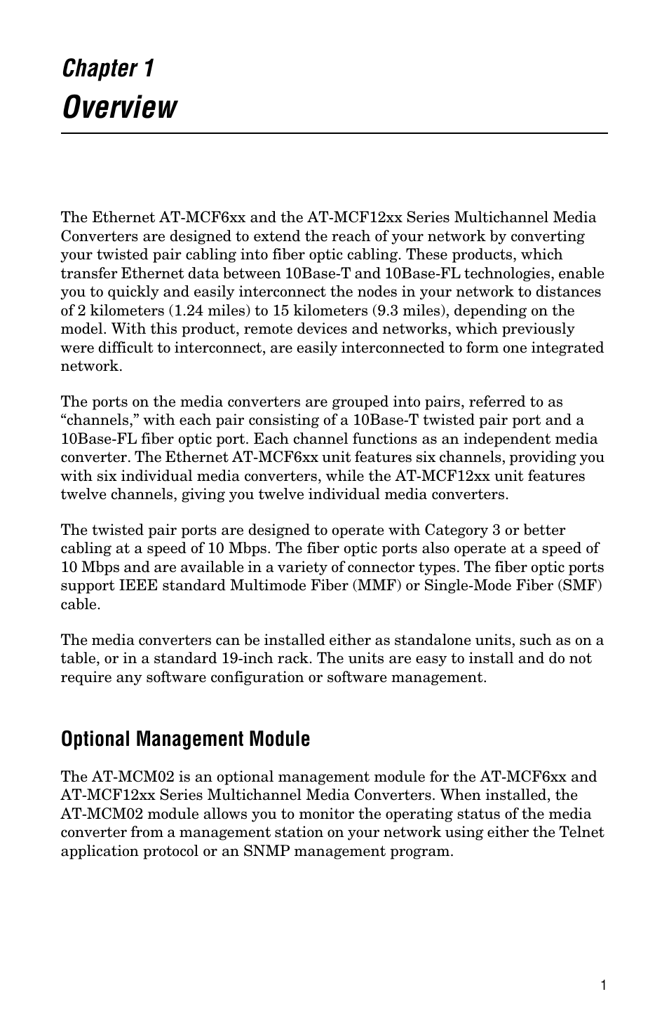 Chapter 1, Overview, Optional management module | Allied Telesis AT-MCF12VF, SM User Manual | Page 9 / 48