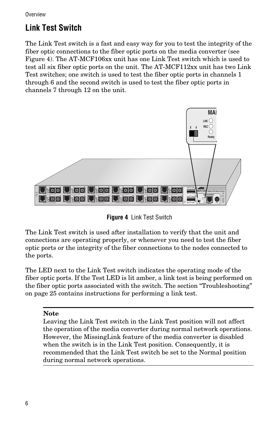 Link test switch, Overview 6, Xii lnk rec ready | Allied Telesis AT-MCF112VF, SM, LH User Manual | Page 14 / 50