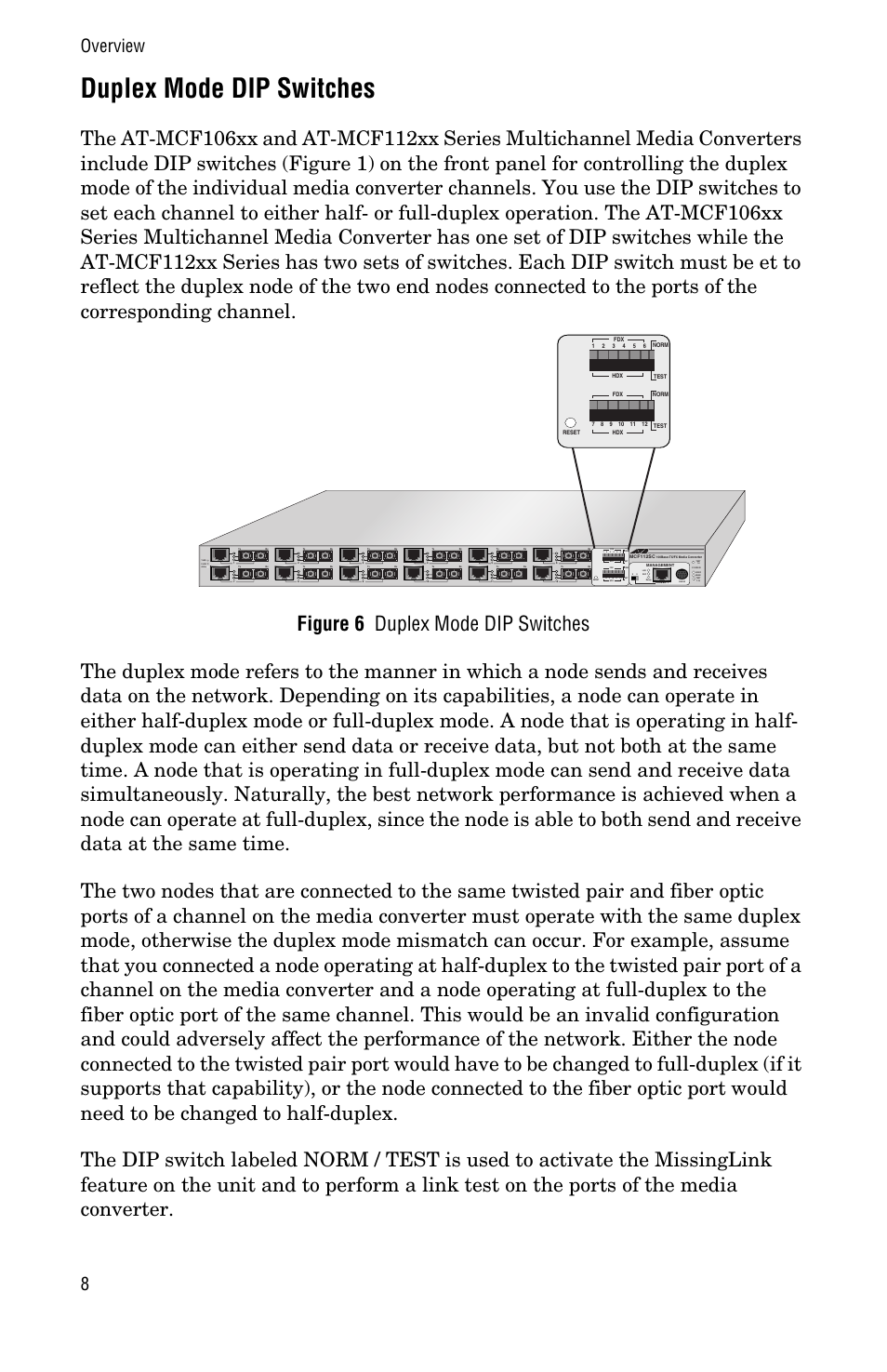 Duplex mode dip switches, Overview 8 | Allied Telesis AT-MCF112VF, SM, LH User Manual | Page 16 / 50