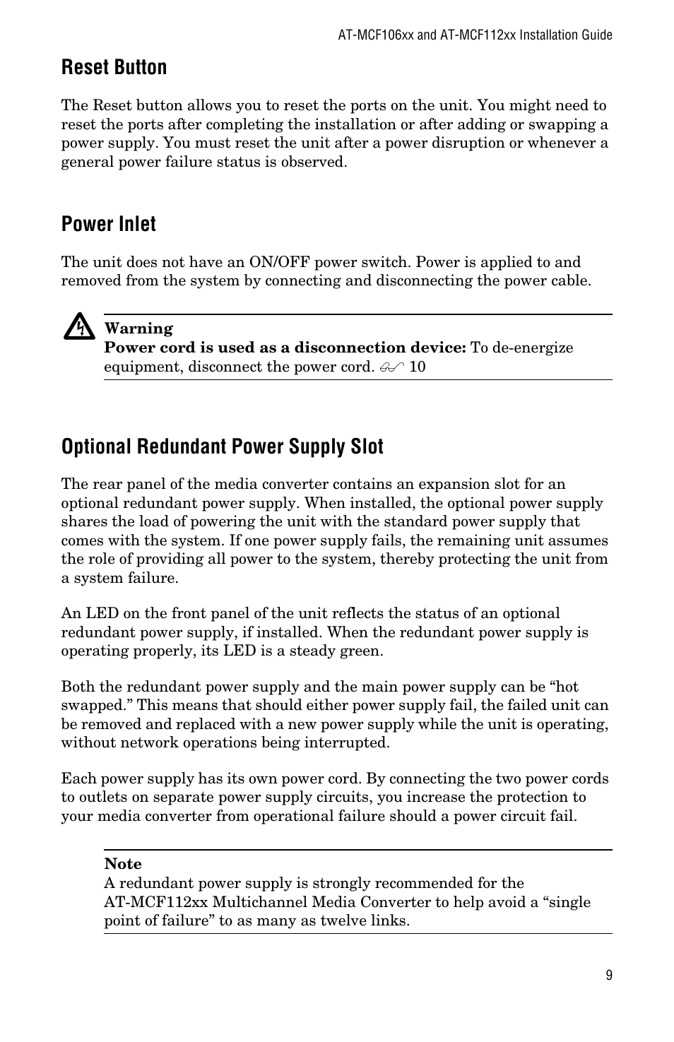 Reset button, Power inlet, Optional redundant power supply slot | Allied Telesis AT-MCF112VF, SM, LH User Manual | Page 17 / 50