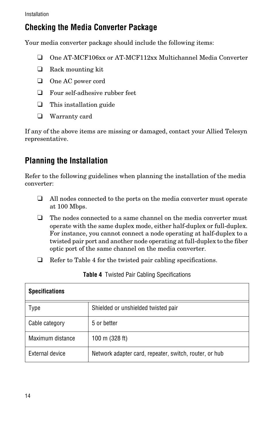 Checking the media converter package, Planning the installation | Allied Telesis AT-MCF112VF, SM, LH User Manual | Page 22 / 50