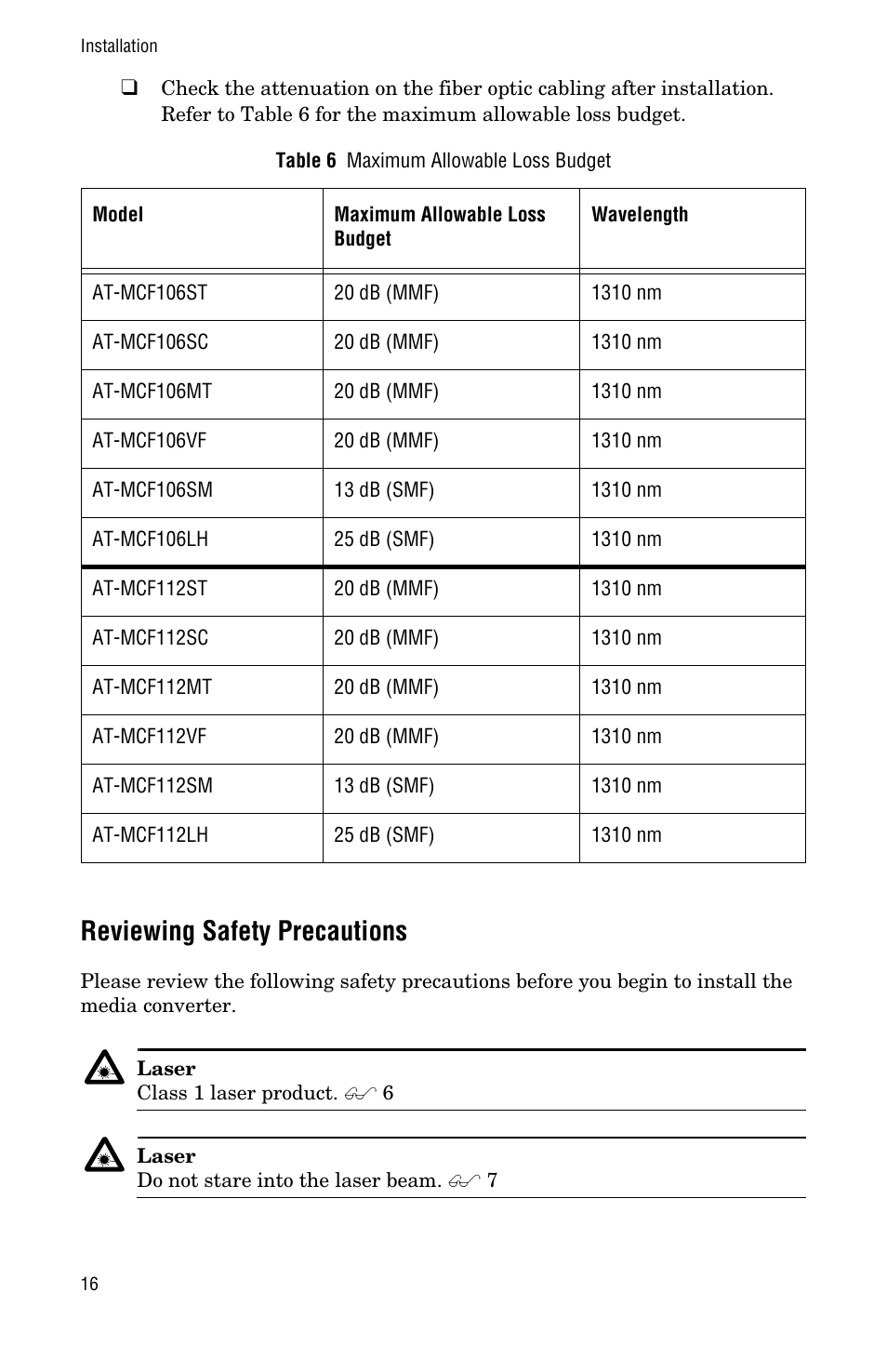 Reviewing safety precautions | Allied Telesis AT-MCF112VF, SM, LH User Manual | Page 24 / 50