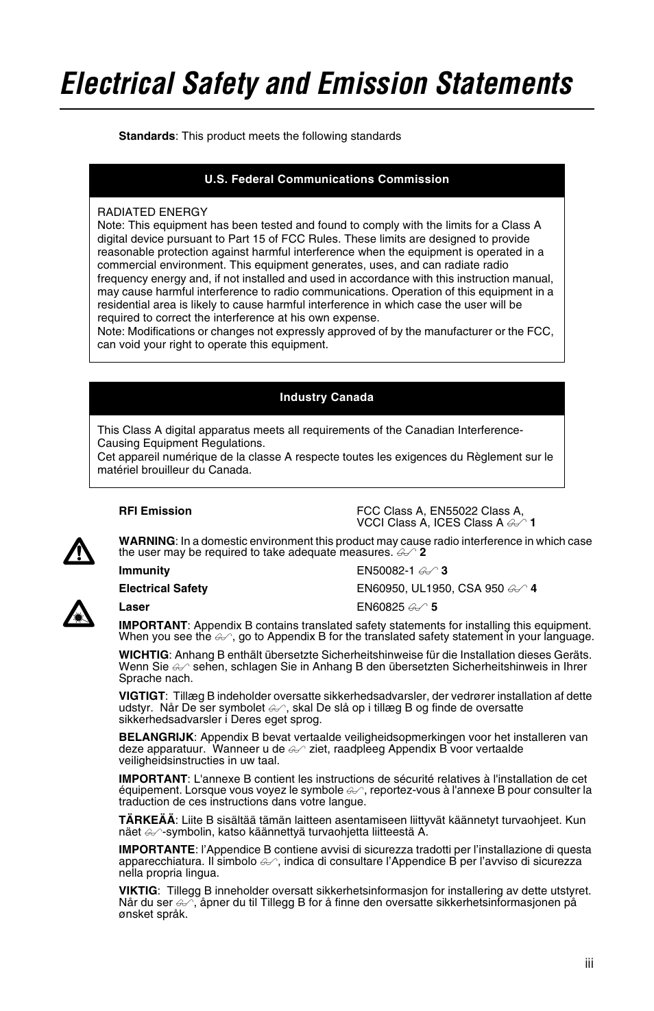 Electrical safety and emission statements | Allied Telesis AT-MCF112VF, SM, LH User Manual | Page 3 / 50