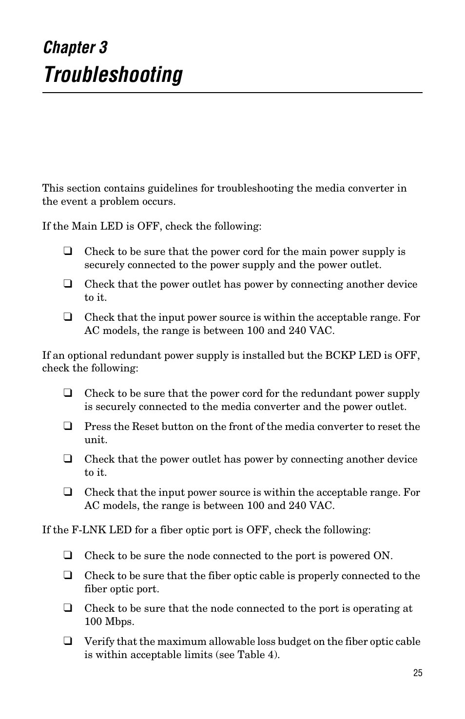 Chapter 3, Troubleshooting | Allied Telesis AT-MCF112VF, SM, LH User Manual | Page 33 / 50